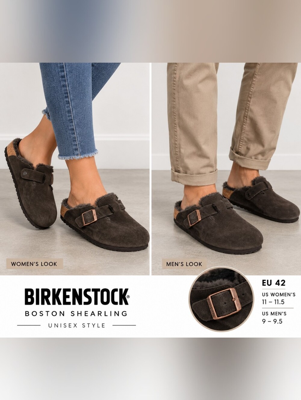 Birkenstock Black Suede unsex Sz 42 Shearling-Lined Clogs with Buckle
